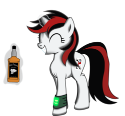 Size: 2041x1902 | Tagged: safe, artist:koshakevich, oc, oc only, oc:blackjack, pony, unicorn, fallout equestria, fallout equestria: project horizons, alcohol, bottle, eyes closed, fanfic, fanfic art, female, glowing horn, hooves, horn, levitation, magic, mare, pipbuck, simple background, smiling, solo, teeth, telekinesis, transparent background, whiskey