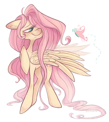 Size: 800x900 | Tagged: safe, artist:ninidoodles, fluttershy, butterfly, g4, female, hair over one eye, solo