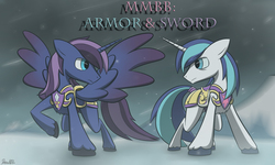 Size: 1920x1151 | Tagged: safe, artist:dmann892, shining armor, oc, oc:crystal sword, alicorn, pony, g4, alicorn oc, armor, commission, fanfic art, fanfic cover, father and son, my mortal big brother, offspring, older, parent:princess cadance, parent:shining armor, parents:shiningcadance, snow, spread wings