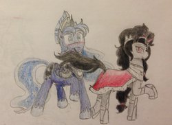 Size: 1024x747 | Tagged: safe, artist:fallenangel5414, king sombra, princess luna, alicorn, pony, unicorn, g4, armor, artumbra, blushing, prince artemis, queen umbra, rule 63, seduction, ship:lumbra, shipping, tail seduce, traditional art