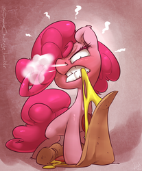 Size: 1240x1500 | Tagged: safe, artist:atryl, pinkie pie, earth pony, pony, g4, 30 minute art challenge, angry, biting, ear fluff, female, food, mare, pizza, shrunken pupils, signature, snorting, solo