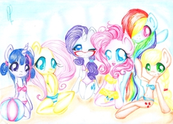 Size: 2288x1649 | Tagged: safe, artist:raspberry811, applejack, fluttershy, pinkie pie, rainbow dash, rarity, twilight sparkle, semi-anthro, g4, beach, belly button, bikini, clothes, mane six, swimsuit, traditional art