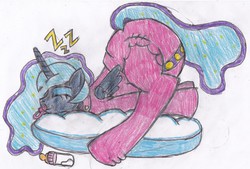 Size: 1280x864 | Tagged: safe, artist:cuddlelamb, princess luna, g4, adult foal, baby bottle, diaper, face down ass up, female, footed sleeper, non-baby in diaper, pacifier, poofy diaper, sleeping, solo, traditional art, zzz