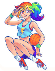 Size: 800x1035 | Tagged: safe, artist:s00shee, rainbow dash, human, g4, basketball, bra, clothes, converse, ear piercing, earring, female, humanized, jewelry, midriff, peace sign, piercing, shoes, shorts, solo, sports shorts, underwear