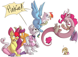 Size: 2382x1754 | Tagged: safe, artist:php27, apple bloom, fluttershy, pinkie pie, rainbow dash, rarity, scootaloo, sweetie belle, big cat, chimera, diamond dog, draconequus, goat, griffon, rabbit, snake, tiger, g4, angry, animal, bunnified, bunnyshy, camping outfit, chaos, chimerafied, cloven hooves, collar, colored, cutie mark crusaders, dialogue, diamond dogified, draconequified, eyes closed, facehoof, female, female diamond dog, finger snap, floating, flying, frown, fusion, glare, griffonized, grin, gritted teeth, heart, hilarious in hindsight, implied transformation, laughing, magic, open mouth, pinkonequus, rainbow griffon, raridog, scootagoat, simple background, smiling, snakie belle, species swap, spread wings, the ultimate cutie mark crusader, tiger bloom, transformation, varying degrees of want, white background, wide eyes, xk-class end-of-the-world scenario, yelling