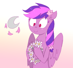 Size: 765x713 | Tagged: safe, artist:rainbowcider, oc, oc only, oc:moonlight blossom, pegasus, pony, female, flower, flower in hair, gradient background, mare, solo