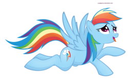 Size: 7181x4431 | Tagged: safe, artist:illuminatiums, rainbow dash, pegasus, pony, g4, absurd resolution, aroused, female, hooves, looking up, mare, open mouth, prone, show accurate, simple background, solo, spread wings, tongue out, transparent background, vector, wings