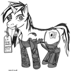 Size: 1500x1450 | Tagged: safe, oc, oc only, oc:blackjack, cyborg, pony, unicorn, fallout equestria, fallout equestria: project horizons, amputee, black and white, cutie mark, cybernetic legs, fanfic, fanfic art, female, grayscale, hooves, horn, level 2 (project horizons), looking at you, mare, monochrome, mouth hold, sign, simple background, solo, text, white background