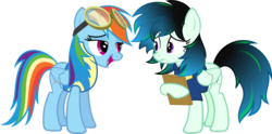 Size: 2562x1272 | Tagged: safe, artist:zacatron94, rainbow dash, twilight sparkle, alicorn, pegasus, pony, g4, aurora nightfall, bedroom eyes, clipboard, disguise, female, goggles, lesbian, mare, open mouth, ship:twidash, shipping, simple background, transparent background, twilight sparkle (alicorn), vector, wonderbolt trainee uniform