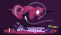 Size: 11200x6400 | Tagged: safe, artist:parclytaxel, twilight sparkle, alicorn, ghost, pony, g4, .svg available, absurd resolution, astral projection, both cutie marks, candle, constructed language, eyes closed, female, glowing eyes, kezuasoka, magic, magic circle, mare, necklace, on side, parody, pseton, runes, scroll, see-through, smiling, solo, twilight sparkle (alicorn), vector