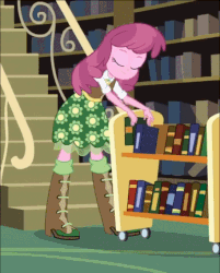 Size: 457x568 | Tagged: safe, screencap, cheerilee, equestria girls, g4, animated, cheeribetes, cute, female, leg in air, librarian, library