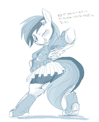 Size: 600x743 | Tagged: safe, artist:wolhim, rainbow dash, pegasus, pony, g4, bipedal, clothes, equestria girls outfit, female, hairclip, mare, monochrome, one eye closed, pixiv, shoes, simple background, skirt, sneakers, solo, text, white background, wink, wondercolts