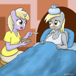 Size: 1000x1000 | Tagged: safe, artist:empyu, derpy hooves, dinky hooves, pegasus, unicorn, anthro, g4, bed, blushing, caring for the sick, duo, equestria's best daughter, ice pack, sick, soup, underp