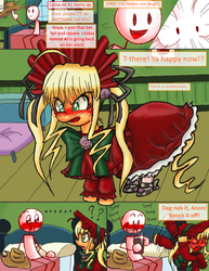 Size: 1020x1320 | Tagged: safe, artist:redanon, applejack, oc, oc:anon, g4, applejack also dresses in style, applejack's hat, bet, blood, blushing, camera, camera flashes, cellphone, clothes, comic, cosplay, costume, cowboy hat, dialogue, dress, dressup, hat, lost a bet, nosebleed, phone, rozen maiden, shinku, tsundere, tsunjack