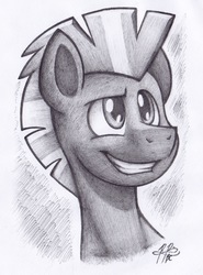 Size: 1471x1991 | Tagged: safe, artist:bcpony, thunderlane, pegasus, pony, g4, bust, male, monochrome, smiling, solo, stallion, traditional art