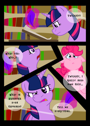 Size: 1100x1540 | Tagged: safe, artist:chubbyjam, pinkie pie, twilight sparkle, earth pony, pony, unicorn, comic:too many pinkie snacks, g4, too many pinkie pies, comic, female, mare