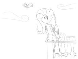 Size: 1280x971 | Tagged: safe, artist:mcsadat, fluttershy, bird, g4, clothes, hoodie, lineart, monochrome