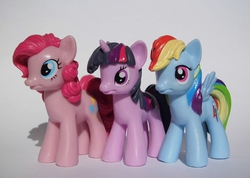 Size: 2284x1628 | Tagged: safe, pinkie pie, rainbow dash, twilight sparkle, g4, female, figure, irl, photo, toy