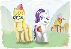 Size: 1059x732 | Tagged: safe, artist:trixsun, applejack, rarity, twilight sparkle, alicorn, pony, g4, apple, female, fez, fire, glasses, hat, mare, tongue out, twilight sparkle (alicorn)