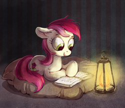 Size: 1500x1293 | Tagged: safe, artist:lis-alis, roseluck, earth pony, pony, g4, book, commissioner:doom9454, cute, female, lantern, looking at something, mare, open mouth, prone, reading, smiling, solo