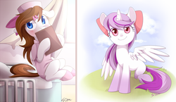 Size: 1000x578 | Tagged: safe, artist:sion, oc, oc only, alicorn, pony, alicorn oc, bed, bow, clipboard, hairclip, hospital bed, nurse