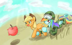 Size: 1224x768 | Tagged: safe, artist:jiiko, applejack, rainbow dash, earth pony, pegasus, pony, g4, anatomically incorrect, apple, clothes, female, food, frown, goggles, gritted teeth, helmet, hoof hold, incorrect leg anatomy, mare, military uniform, one eye closed, open mouth, pixiv, pony gun, prone, shooting, smiling, spitting, underhoof, wat, wink