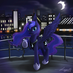 Size: 2480x2480 | Tagged: safe, artist:seer45, princess luna, alicorn, pony, g4, city, cityscape, crescent moon, dream, dream walker luna, female, high res, looking at you, mare, moon, night, raised hoof, smiling, solo, spread wings, water, wings