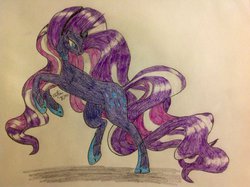 Size: 1024x765 | Tagged: safe, artist:crazyaniknowit, nightmare rarity, g4, bedroom eyes, female, looking back, rearing, smiling, solo, traditional art