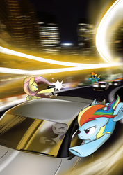 Size: 2480x3507 | Tagged: safe, artist:bqlongsn, fluttershy, rainbow dash, rarity, spitfire, g4, badass, car, car chase, chase, gangster, gun, high res, police, police car, shooting, wonderbolts uniform