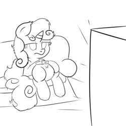 Size: 1000x1000 | Tagged: safe, artist:schizophrenicghost, sweetie belle, g4, bored, couch, female, lineart, monochrome, remote, solo, television