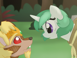 Size: 1024x773 | Tagged: safe, artist:faith-wolff, clover the clever, diamond dog, pony, unicorn, fanfic:the bridge, g4, crossover, diamond dogified, duo, female, godzilla (series), kaiju diamond dog, king caesar, looking at each other, male, mare, red eyes, shisa