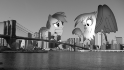 Size: 1920x1080 | Tagged: safe, artist:iamadinosaurrarrr, artist:somerandomminion, artist:xpesifeindx, gilda, rainbow dash, griffon, pegasus, pony, g4, duo, giant griffon, giant pony, grayscale, highrise ponies, irl, macro, monochrome, new york, new york city, photo, ponies in real life