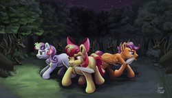 Size: 1800x1033 | Tagged: safe, artist:zevironmoniroth, apple bloom, scootaloo, sweetie belle, earth pony, pegasus, pony, timber wolf, unicorn, ponyvania: order of equestria, g4, cutie mark crusaders, forest, magic, mouth hold, sword, trio