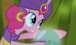 Size: 593x354 | Tagged: safe, screencap, pinkie pie, earth pony, pony, g4, it's about time, crystal ball, female, madame pinkie, meme, pacifism, solo, turban, youtube caption