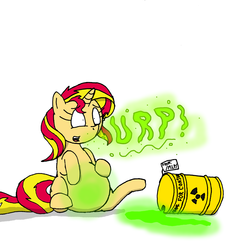 Size: 1506x1647 | Tagged: safe, artist:americananomaly, sunset shimmer, pony, unicorn, g4, /mlp/, barrel, belly, big belly, burp, chubby, fat, female, gassy, imminent weight gain, radioactive, radioactive waste, slobset shimmer, solo, this will not end well, too dumb to live, weight gain