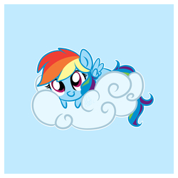 Size: 2100x2100 | Tagged: safe, artist:xwhitedreamsx, rainbow dash, pegasus, pony, g4, :t, chibi, cloud, cute, dashabetes, female, high res, looking at you, mare, prone, simple background, sky, smiling, solo