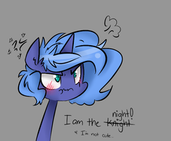 Size: 806x663 | Tagged: safe, artist:jankrys00, princess luna, alicorn, pony, lunadoodle, g4, :t, angry, blatant lies, blushing, cute, dialogue, female, filly, frown, glare, i am the night, i'm not cute, lies, lunabetes, messy mane, misspelling, scrunchy face, simple background, solo, wavy mouth, woona