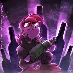 Size: 1501x1500 | Tagged: safe, artist:atryl, berry punch, berryshine, earth pony, pony, semi-anthro, g4, 30 minute art challenge, arm hooves, bandaid, bipedal, bomber jacket, boots, bottle, sunglasses, toothpick, wine