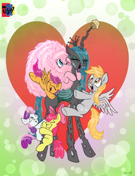 Size: 2480x3244 | Tagged: safe, artist:jowyb, apple bloom, derpy hooves, queen chrysalis, scootaloo, sweetie belle, oc, oc:fluffle puff, pegasus, pony, g4, cutie mark crusaders, fangs, female, high res, hug, licking, mare, muffin, open mouth
