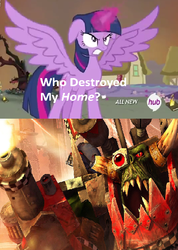 Size: 422x592 | Tagged: safe, twilight sparkle, alicorn, ork, pony, g4, exploitable meme, female, glowing horn, horn, magic, mare, meme, orks in the comments, twilight sparkle (alicorn), twilight sparkle is not amused, unamused, warboss gorgutz, warhammer (game), warhammer 40k, who destroyed twilight's home