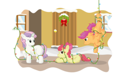 Size: 2408x1539 | Tagged: safe, artist:kukotte, apple bloom, scootaloo, sweetie belle, g4, christmas lights, cutie mark crusaders, tree sap and pine needles