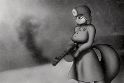 Size: 1920x1280 | Tagged: safe, artist:devs-iratvs, octavia melody, anthro, g4, big breasts, breasts, clothes, female, grayscale, gun, monochrome, ppsh-41, snow, snowfall, solo, soviet, weapon, world war ii