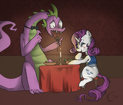 Size: 1024x876 | Tagged: safe, artist:anonymous, rarity, spike, g4, 4chan, colored, dining, female, male, older, older spike, salad, ship:sparity, shipping, spaghetti, straight, table
