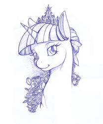 Size: 859x1033 | Tagged: safe, artist:longinius, twilight sparkle, alicorn, pony, g4, crown, female, flower, mare, monochrome, new crown, portrait, solo, traditional art, twilight sparkle (alicorn)