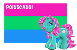 Size: 430x279 | Tagged: safe, gardenia glow (g3), earth pony, pony, g3, female, flag, heart, heart mark, mare, polysexual, polysexual pride flag, pride, pride flag, pride ponies, smiling, solo, tail