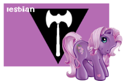 Size: 435x283 | Tagged: safe, wysteria, earth pony, pony, g3, female, flag, heart, heart mark, lesbian, lesbian empire flag, looking at you, mare, pride flag, pride ponies, smiling, solo, tail
