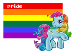 Size: 376x264 | Tagged: safe, rainbow dash, rainbow dash (g3), earth pony, pony, g3, g4, flag, gay rights, male, pride ponies, solo