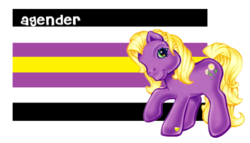 Size: 476x272 | Tagged: safe, daisyjo, earth pony, pony, g3, agender, agender pride flag, female, flag, heart, heart mark, looking at you, pride, pride flag, pride ponies, raised hoof, smiling, solo, tail