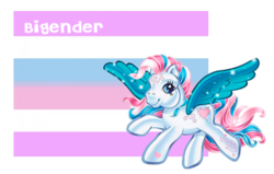 Size: 422x269 | Tagged: safe, star catcher, pegasus, pony, g3, bigender, bigender pride flag, female, flag, looking at you, mare, pride flag, raised hoof, smiling, solo, spread wings, tail, wings