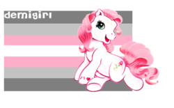 Size: 435x269 | Tagged: safe, desert rose, earth pony, pony, g3, demigirl, demigirl pride flag, female, flag, heart, heart mark, mare, open mouth, open smile, pride flag, pride ponies, smiling, solo, tail, underhoof